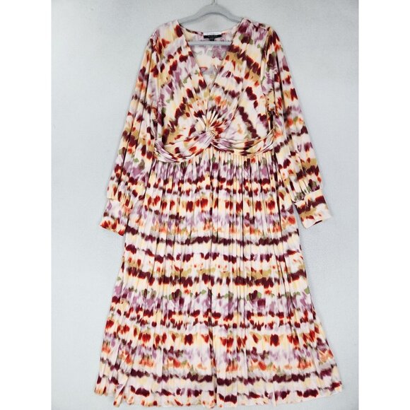 Eloquii Dress Womens 22 Cream Purple Knot Front Long Sleeve Flowy Midi Casual - Picture 1 of 13